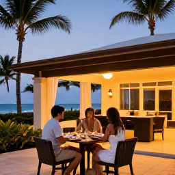Caribbean Holidays, Puerto Rico February, Elegant adults-only resort terrace in Puerto Rico with a couple enjoying dinner outdoors, palm trees and warm evening lighting
