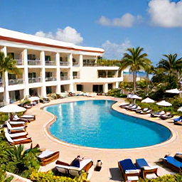 Caribbean Holidays, Puerto Rico February, Elegant Puerto Rican all-inclusive resort with swimming pool, tropical gardens, sun loungers and guests enjoying February sunshine