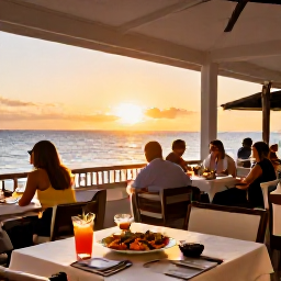 Caribbean Holidays, Puerto Rico February, Elegant Puerto Rican restaurant terrace at sunset with local food, cocktails and relaxed diners
