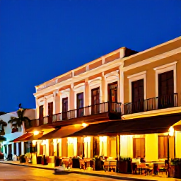 Caribbean Holidays, Puerto Rico February, Evening view of San Juan with warmly lit colonial buildings, lively restaurants and a deep blue Caribbean sky