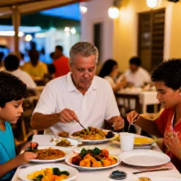Caribbean Holidays, Puerto Rico February, Family enjoying a relaxed Puerto Rican meal at an outdoor restaurant, colourful local dishes and warm evening lights