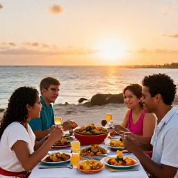 Caribbean Holidays, Puerto Rico February, Family enjoying an outdoor Puerto Rican dinner near the coast, colourful local dishes, relaxed evening atmosphere and warm sunset light