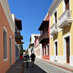 Caribbean Holidays, Puerto Rico February, Family exploring colourful Old San Juan streets, Spanish colonial buildings, balconies, cobblestones and bright Caribbean sunlight