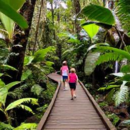 Caribbean Holidays, Puerto Rico February, Family hiking through El Yunque National Forest, lush green rainforest, a small waterfall, wooden trail and tropical plants