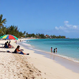 Caribbean Holidays, Puerto Rico February, Family relaxing on a wide sandy beach near San Juan, children paddling in clear water, colourful beach umbrellas and tropical scenery
