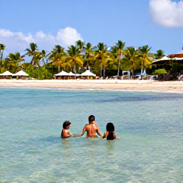 Caribbean Holidays, Puerto Rico February, Family swimming and playing in clear shallow water at a beautiful Puerto Rican beach, with palm trees and a relaxed atmosphere
