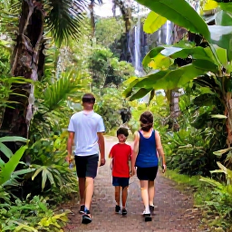 Caribbean Holidays, Puerto Rico February, Family walking through lush El Yunque National Forest in Puerto Rico, tropical plants, a small waterfall and a safe scenic trail