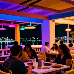 Caribbean Holidays, Puerto Rico February, Friendly outdoor Puerto Rican restaurant in the evening with local dishes, colourful lights and relaxed diners