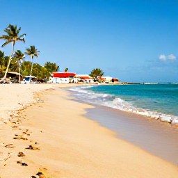 Caribbean Holidays, Puerto Rico February, Golden sandy beach and turquoise Caribbean sea in Puerto Rico, with palm trees and a small fishing village nearby