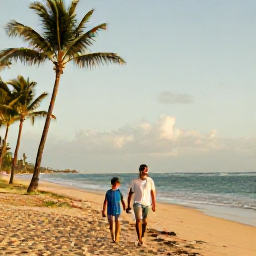 Caribbean Holidays, Puerto Rico February, Happy family walking along a sunny Puerto Rico beach in February, palm trees, calm turquoise sea and soft morning light