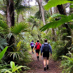 Caribbean Holidays, Puerto Rico February, Hikers following a lush forest trail in El Yunque National Forest, Puerto Rico, with tropical greenery and soft February daylight