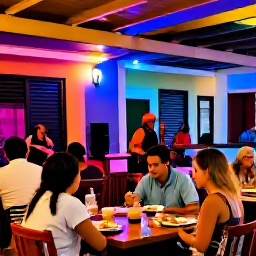 Caribbean Holidays, Puerto Rico February, Lively San Juan evening with outdoor restaurants, colourful lights, local musicians and diners enjoying Puerto Rican food