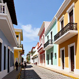 Caribbean Holidays, Puerto Rico February, Old San Juan street with colourful Spanish colonial buildings, cobbled pavement, balconies and visitors exploring in February sunshine