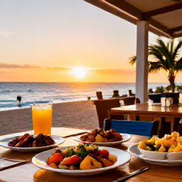 Caribbean Holidays, Puerto Rico February, Outdoor Puerto Rican restaurant serving colourful Caribbean food at sunset, with a relaxed holiday atmosphere