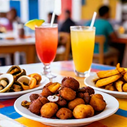 Caribbean Holidays, Puerto Rico February, Puerto Rican restaurant table with mofongo, fresh seafood, plantains and colourful local drinks in a lively San Juan setting