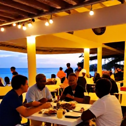 Caribbean Holidays, Puerto Rico February, Relaxed Puerto Rican evening with outdoor dining, warm lights, local food and travellers enjoying February sunshine