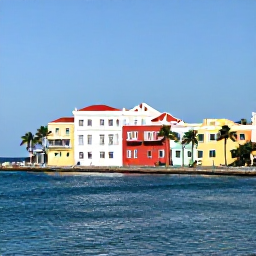 Caribbean Holidays, Puerto Rico February, Sunny San Juan waterfront with colourful colonial buildings, palm trees and blue Caribbean water in February