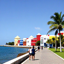 Caribbean Holidays, Puerto Rico February, Sunny San Juan waterfront with colourful colonial buildings, palm trees and travellers exploring in February