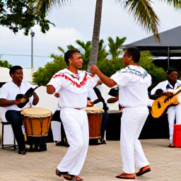 Caribbean Holidays, Puerto Rico February, Traditional Puerto Rican music and dancing at an outdoor cultural celebration, with musicians playing drums and guitars