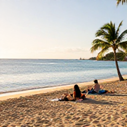 Caribbean Holidays, Puerto Rico February, Travellers relaxing on a sandy beach near San Juan with calm turquoise water, palm trees and warm February sunlight