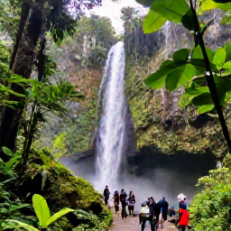 Caribbean Holidays, Puerto Rico February, Tropical Puerto Rican rainforest with a clear waterfall, lush foliage and visitors walking on a nature trail