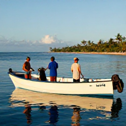 Caribbean Holidays, Puerto Rico Fishing, A bright July morning on a Puerto Rico fishing boat, with calm blue Caribbean water, tropical coastline and anglers preparing their tackle