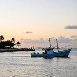 Caribbean Holidays, Puerto Rico Fishing, A colourful fishing boat heading out from a Puerto Rican marina at sunrise, calm Caribbean water and tropical coastline