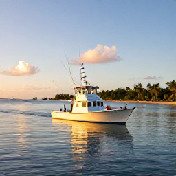 Caribbean Holidays, Puerto Rico Fishing, A deep-sea fishing boat leaving a bright Puerto Rican harbour at sunrise, calm Caribbean water and tropical coastline