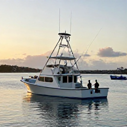 Caribbean Holidays, Puerto Rico Fishing, A deep-sea fishing boat leaving a bright Puerto Rican harbour at sunrise, calm Caribbean water, anglers preparing tackle
