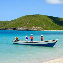 Caribbean Holidays, Puerto Rico Fishing, A family fishing from a small boat in a sheltered Puerto Rican bay, green hills and clear turquoise water in the background