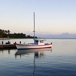 Caribbean Holidays, Puerto Rico Fishing, A fishing boat leaving a colourful Puerto Rican marina at sunrise in December, calm Caribbean water and tropical coastline