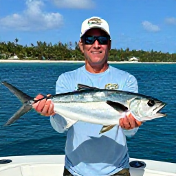 Caribbean Holidays, Puerto Rico Fishing, A friendly angler enjoying a successful catch on a Puerto Rico fishing charter, with a tropical coastline and sunny sea behind them