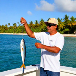 Caribbean Holidays, Puerto Rico Fishing, A friendly Puerto Rican fishing captain guiding holidaymakers while they reel in a fish, with an attractive tropical coast behind them