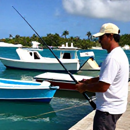 Caribbean Holidays, Puerto Rico Fishing, A friendly Puerto Rican fishing guide helping holidaymakers prepare rods beside a marina, with colourful boats and tropical scenery