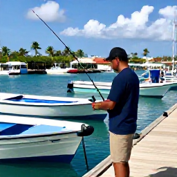 Caribbean Holidays, Puerto Rico Fishing, A friendly Puerto Rican fishing guide helping holidaymakers prepare rods on a sunny marina, colourful boats and palm trees, realistic travel photograph