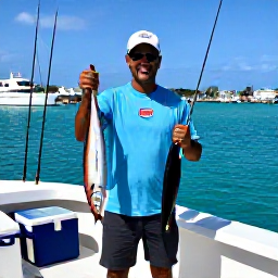 Caribbean Holidays, Puerto Rico Fishing, A friendly Puerto Rico fishing guide showing visitors their catch beside a charter boat, with cool boxes, rods and a sunny Caribbean marina