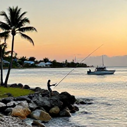 Caribbean Holidays, Puerto Rico Fishing, A peaceful angler fishing from a rocky Puerto Rico shoreline at sunset, with palm trees, clear water and a small town in the distance