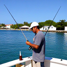 Caribbean Holidays, Puerto Rico Fishing, A Puerto Rican fishing guide preparing rods and tackle on a boat beside a sunny marina