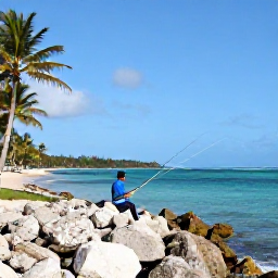 Caribbean Holidays, Puerto Rico Fishing, A relaxed angler casting from a rocky Puerto Rican shoreline near a quiet beach, palm trees and turquoise water
