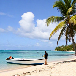 Caribbean Holidays, Puerto Rico Fishing, A relaxed angler enjoying a January afternoon on a Puerto Rican beach beside a small fishing boat, turquoise water and palm trees