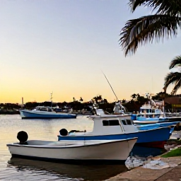 Caribbean Holidays, Puerto Rico Fishing, A relaxed evening harbour scene in Puerto Rico after a day of fishing, with boats, palm trees and warm November light