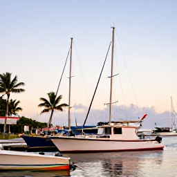Caribbean Holidays, Puerto Rico Fishing, A relaxed fishing scene at a Puerto Rico marina, palm trees, colourful boats and a warm late-afternoon sky