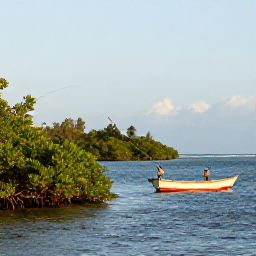 Caribbean Holidays, Puerto Rico Fishing, A small fishing boat in a peaceful Puerto Rican bay, an angler casting near mangroves and green coastline under a clear afternoon sky