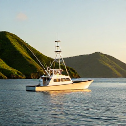 Caribbean Holidays, Puerto Rico Fishing, A sport fishing boat heading out from Puerto Rico at sunrise, calm Caribbean water and green coastal hills in the background