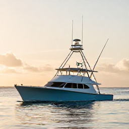 Caribbean Holidays, Puerto Rico Fishing, A sport fishing boat heading out from Puerto Rico at sunrise, calm Caribbean water, warm golden light, realistic travel photography