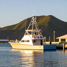 Caribbean Holidays, Puerto Rico Fishing, A sport fishing boat leaving a bright Puerto Rican marina at sunrise, calm Caribbean water and green mountains in the background