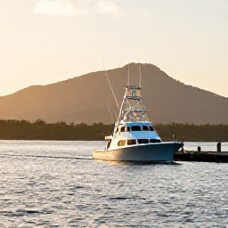 Caribbean Holidays, Puerto Rico Fishing, A sport fishing boat leaving a calm Puerto Rican harbour at dawn in October, with tropical hills and warm golden light