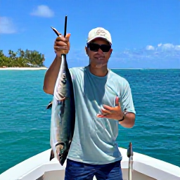 Caribbean Holidays, Puerto Rico Fishing, Angler enjoying a catch beside a Puerto Rico fishing boat, tropical coastline and clear blue water in the background