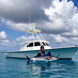 Caribbean Holidays, Puerto Rico Fishing, Angler fighting a large blue marlin from a modern charter boat off Puerto Rico, bright blue sea and dramatic tropical sky
