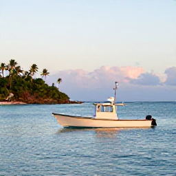 Caribbean Holidays, Puerto Rico Fishing, Angler on a small charter boat at sunrise off Puerto Rico, calm blue Caribbean sea and tropical coastline